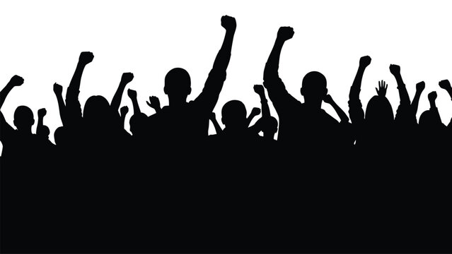 A crowd of silhouetted people raising their arms in a unified gesture