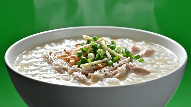 Close Up Of A Steaming Bowl Of Savory Chicken Congee Garnished With Chopped Scallions And Crispy Fried Shallots Against A Vibrant Green Gradient Background