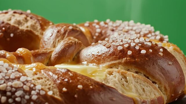 Close up of a warm soft pretzel with melted butter and caramel sauce drizzled on top and coarse salt sprinkled generously ideal for a breakfast commercial advertisement