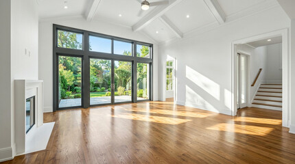 Fototapeta premium An open-concept living room with large windows and hardwood floors, bathed in natural light