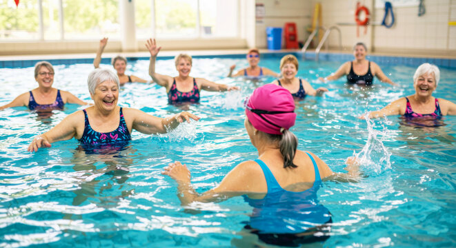 Group of happy senior women laughing during aqua aerobics class. Healthy lifestyle and fitness activity for elder people in swimming pool.