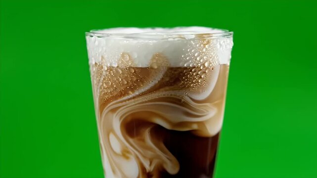 Close up of creamy coconut latte with foamy top swirling in dark coffee against a vibrant green background cinematic food commercial shot