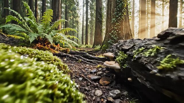 Sunlit redwood forest floor mossy roots ferns, cinematic goldenhour rays piercing oldgrowth trunks, lowangle tracking over damp soil and exposed roots, vibrant green moss and understory ferns, soft