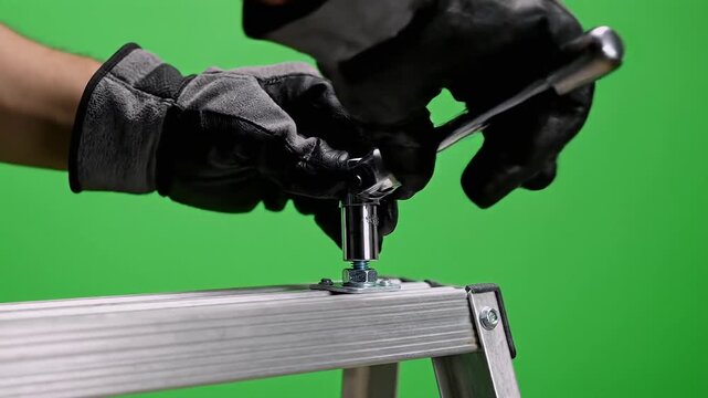 Close up of gloved hands using a socket wrench to tighten a bolt on a metal structure over a green screen background for easy compositing