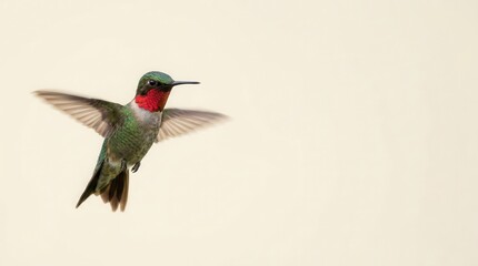 Fototapeta premium Ruby throated hummingbird hovering in mid-air, displaying iridescent green feathers and a vibrant red throat. Plain creamy background provides copy space.