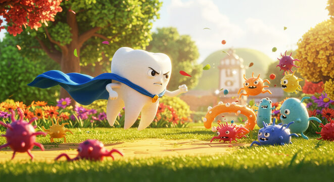 Superhero tooth flying to fight colorful cartoon bacteria in a vibrant outdoor setting. Dental health concept for child education.