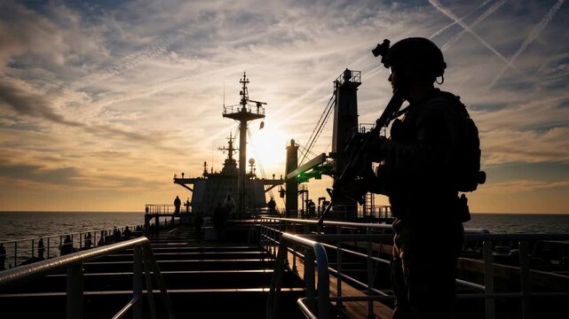 Silhouette of an armed soldier standing guard on a cargo ship deck at sunset. Military personnel in tactical gear patrolling a maritime vessel. Security concept