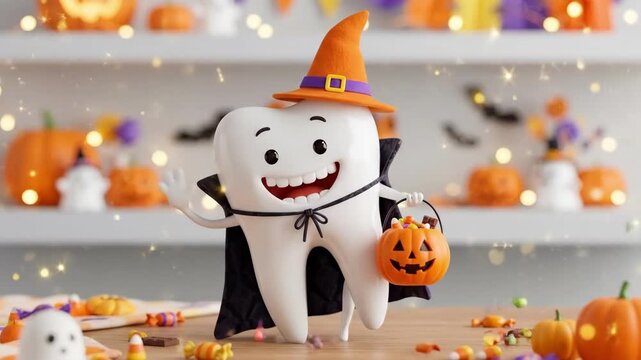 Cartoon tooth dressed as vampire with pumpkin basket and candy. Halloween dental fun featuring spooky decorations and sweets. Oral health concept for holiday awareness and festive smiles