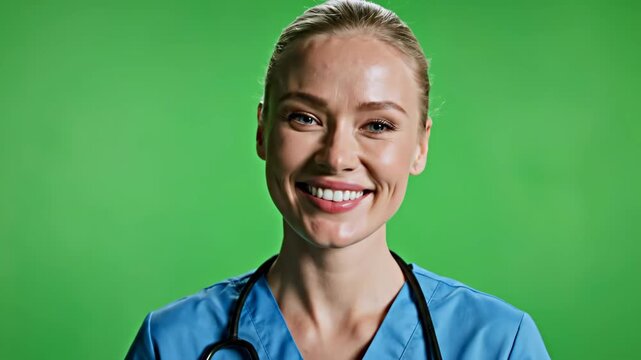 Smiling female healthcare professional in blue scrubs against green background