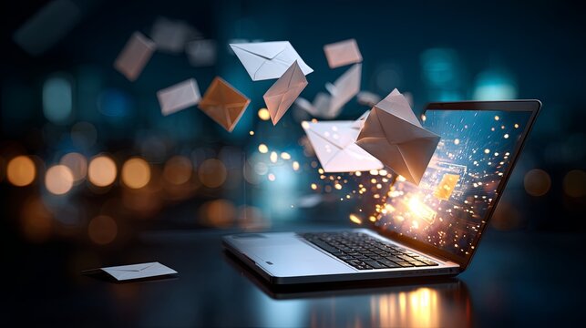 Envelopes flying out of a laptop screen with bright light. Email notification concept for digital communication and online messaging.