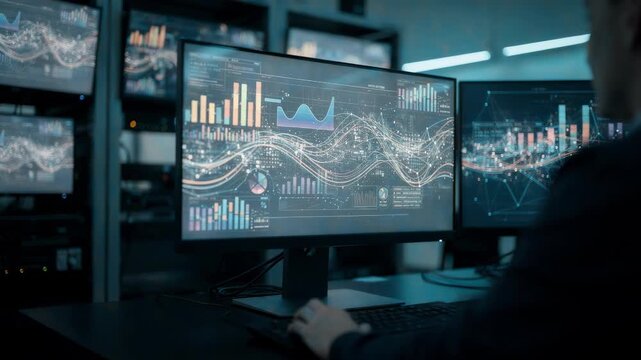Medium shot of AIdriven credit scoring hub with consumer loan data visualized on multiple screens main display in sharp focus background softly blurred for depth.
