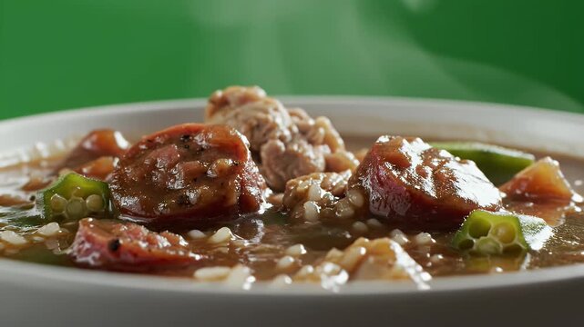 Close up of Louisiana gumbo with sausage and okra steaming in a white bowl cinematic food commercial shot on green background