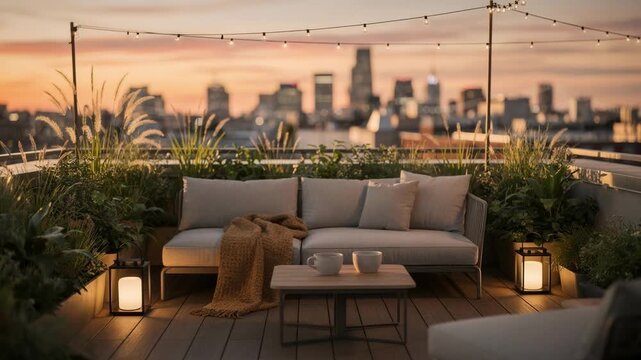 Cozy rooftop terrace with modern seating and lush planters overlooking a vibrant city skyline at sunset soft focus on background buildings and glowing lights.