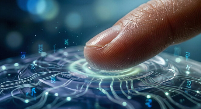 Extreme macro of fingertip touching blue glowing biometric tactile AI interface