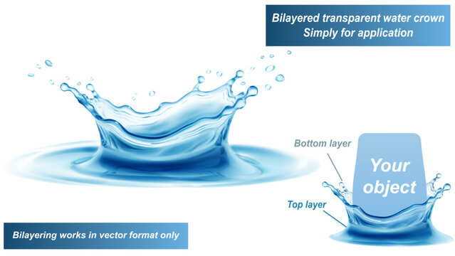 Transparent water crown in light blue colors with splashes and drops. It consists of two layers - front and back. You can insert any object between them, only for vector format.