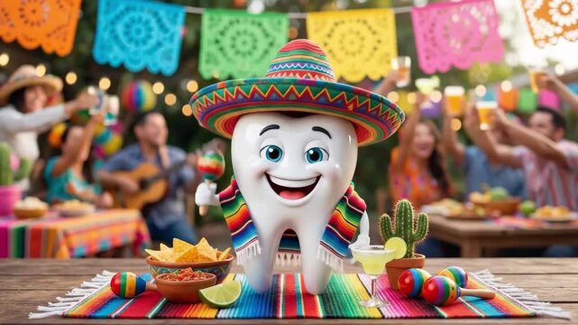 Cartoon smiling tooth mascot in sombrero and serape holding maraca at colorful mexican fiesta table. Fun dental character with tacos guacamole limes and decorations. Healthy teeth celebration and