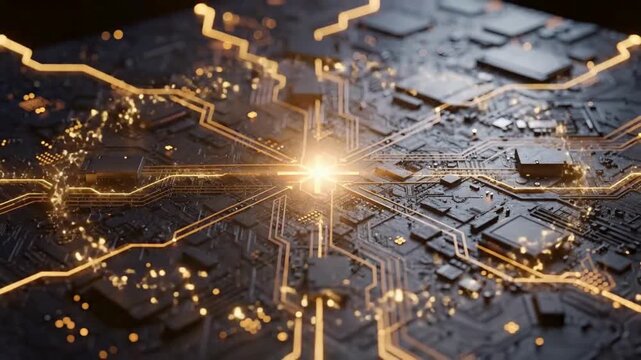 Glowing data network core animation video on advanced motherboard circuit, high tech semiconductor computing technology, digital connectivity system and futuristic electronic concept