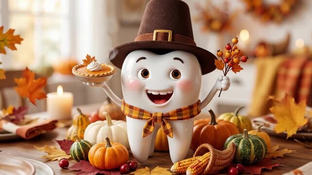 Smiling cartoon tooth pilgrim holding pumpkin pie at thanksgiving dinner table. Whimsical holiday dental character with autumn leaves pumpkins and festive meal setup in cozy home