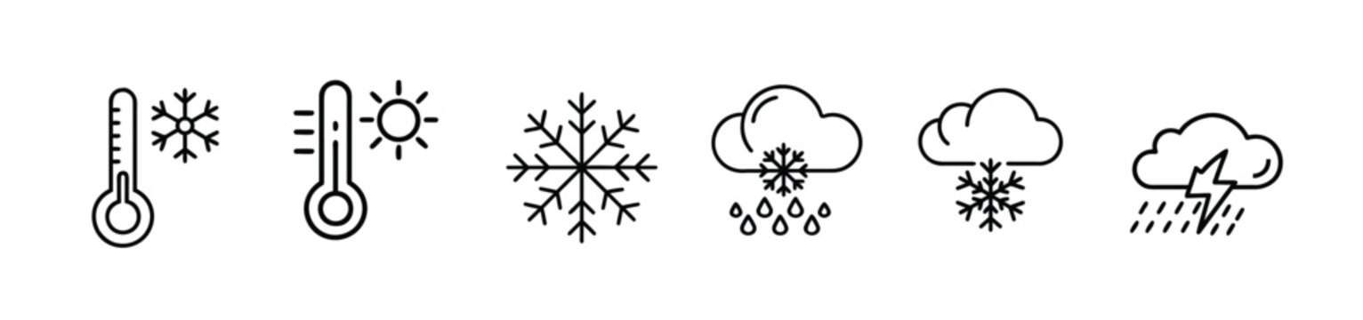 Winter weather and temperature line icon set featuring thermometer snowflake rain and thunderstorm for seasonal forecast more vector illustration on editable stroke.