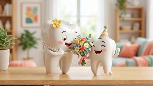 Cartoon female tooth with pearl necklace holding bouquet and child tooth with party hat celebrating on wooden table. Cozy living room interior. Fun dental health and oral hygiene concept for