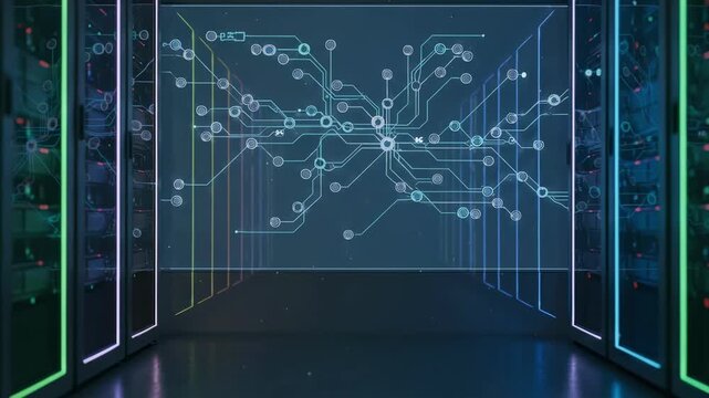 Medium shot of server racks glowing with LED lights blurred background featuring blockchain network map on large monitor symbolizing distributed ledger test environment.