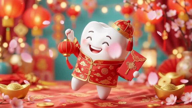 Cute anthropomorphic tooth character dressed in traditional chinese new year attire holding red envelope and lantern. Festive dental mascot celebrating holiday prosperity and oral health awareness