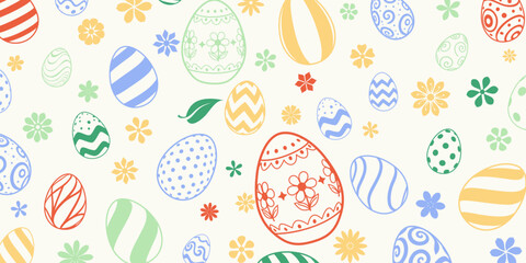Colorful Easter eggs and flowers on cream background with blue, green, yellow, orange and red hues.