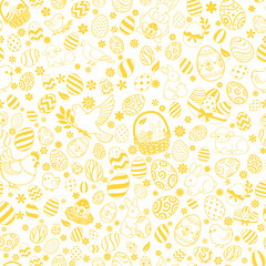 Easter seamless pattern with eggs, bunnies, lambs, chicks, flowers, and baskets in yellow on white background for holiday designs.