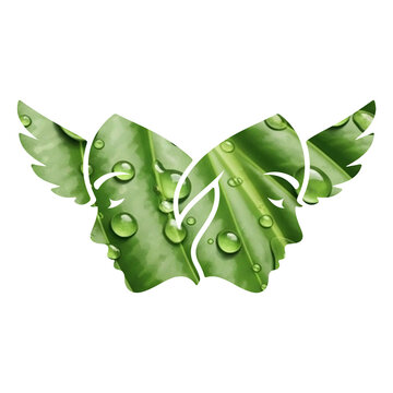 Two profiles formed from vibrant green leaves with water droplets and delicate wings, symbolizing nature and harmony.
