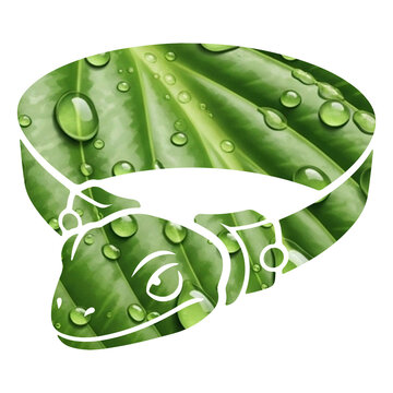 Vibrant green leaf with water droplets forming a playful chameleon silhouette