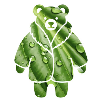 Whimsical bear silhouette filled with lush green leaves and water droplets, evoking nature and freshness.