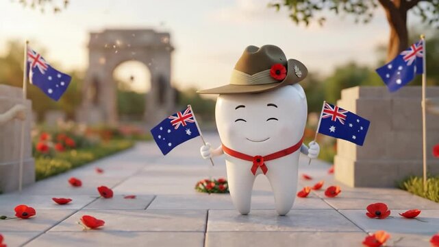 Smiling cartoon tooth character in australian slouch hat with poppy holding australian and british flags at war memorial. Remembrance day wreath and poppies in sunset park. Dental health