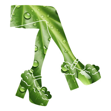 Fashionable legs adorned with lush green leaves and water droplets, symbolizing nature-inspired style.