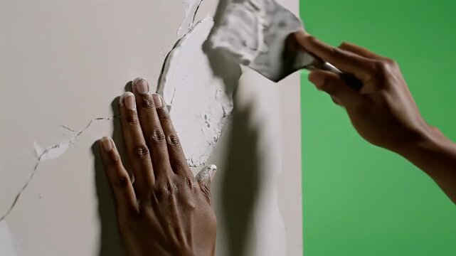 CloseUp Of Hands Repairing Wall With Spackle Using Trowel Against Green Screen Background For Construction Renovation And DIY Projects