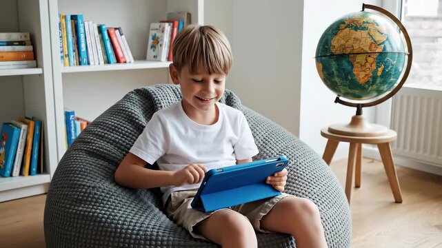 A cheerful young boy is happily interacting with a digital tablet while relaxing on a soft beanbag chair at home, surrounded by a bookshelf and globe, embracing technology and early learning.