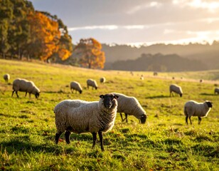 Fototapeta premium Sheep grazing in a grassy field with autumn trees and rolling hills at golden hour