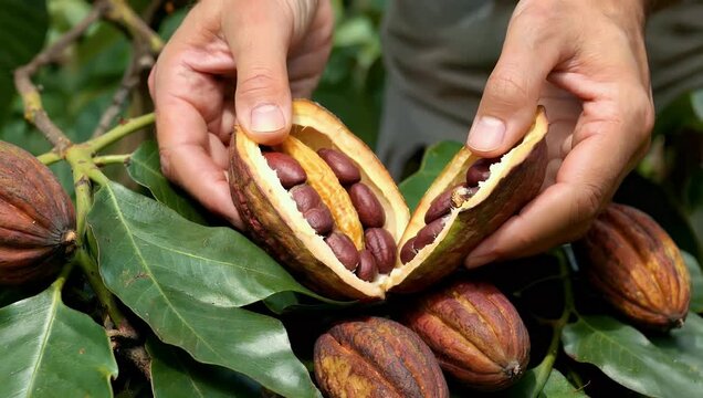 Authentic 4K culinary visual of open cocoa pod revealing raw beans surrounded by fresh pods to showcase the high quality source of bean to bar chocolate