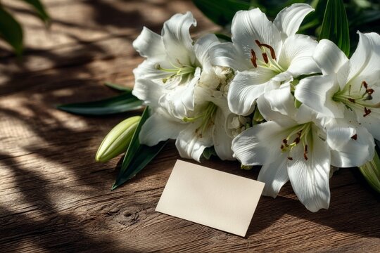 Softly rendered still life of a condolence card and white lilies, conveying sorrow and consolation