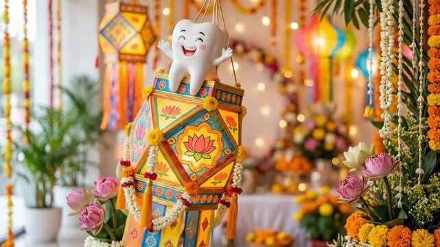 Colorful diwali lantern featuring smiling white tooth on top. Festive decoration with lotus patterns marigold garlands hanging lights and flowers. Indian festival of lights celebration concept for