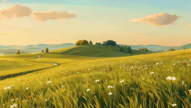 peaceful and minimalist 4K flat vector illustration depicting tranquil meadow with gentle rolling hills during warm golden hour providing perfectly calm and professional background for corporate