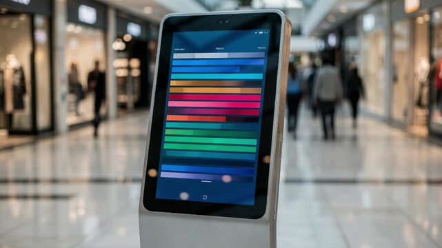 Medium shot of a roboadvisor kiosk in a bustling mall focusing on the touchscreen interface displaying dynamic portfolio sliders while shoppers move blurred in the background.