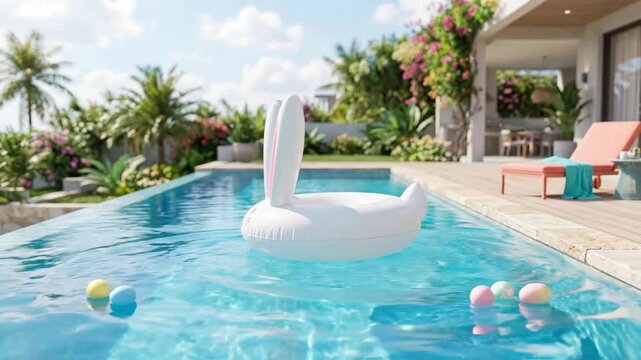 Inflatable rabbit float drifting in turquoise swimming pool with colorful easter eggs. Tropical outdoor poolside scene evoking spring holiday fun and summer vacation relaxation at resort villa. Sunny