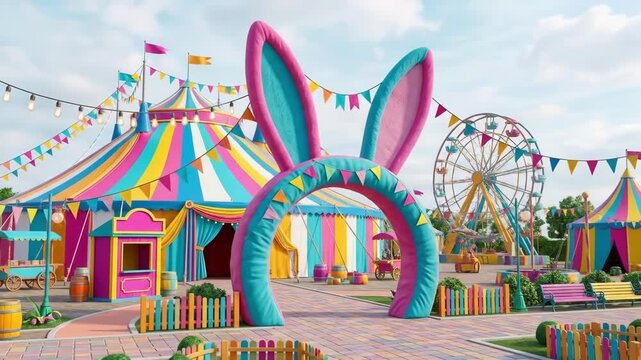 Colorful circus entrance with giant bunny ears arch and striped tents. Vibrant amusement park scene featuring ferris wheel and playful decorations. Fun family entertainment concept for festivals and