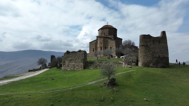 Georgian jvari monastery in mtskheta on hilltop