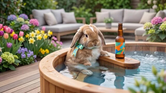Rabbit relaxing in wooden hot tub with beer bottle. Cute bunny wearing green bow tie surrounded by flowers on patio. Humorous animal spa leisure concept in spring garden setting for easter