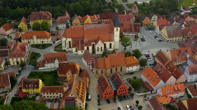 Aerial view beside the old town city Herrieden, in Germany, Bavaria  on a sunny noon in spring. 