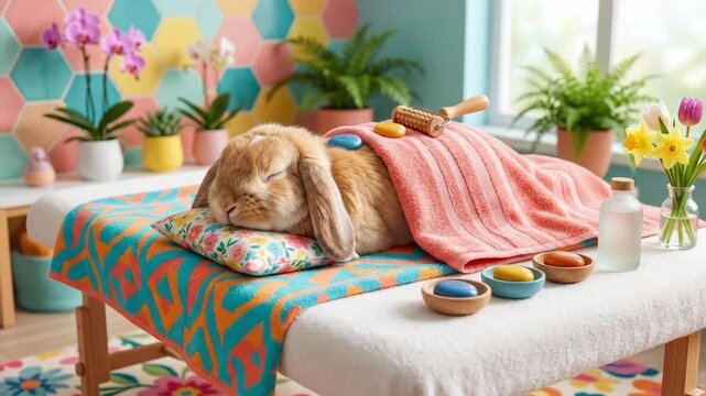 Cute orange rabbit receiving spa massage on colorful table. Relaxed bunny wrapped in towel with hot stones and roller. Animal wellness and pampering concept for relaxation themes