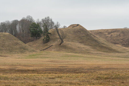 Between the hillforts and the mounds of Kernave in early spring, Lithuania, the medieval capital of the Grand Duchy of Lithuania, UNESCO world heritage, a tourist attraction