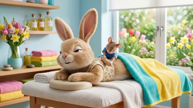 Rabbit relaxing on massage table as mouse gives back rub in sunny spa room. Cozy animal wellness scene with tulips flowers shelves and garden view. Relaxation therapy concept for spring holidays
