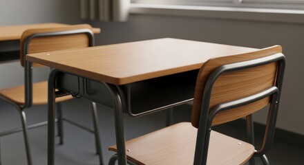 Fototapeta premium Empty classroom with wooden desks and chairs in modern school